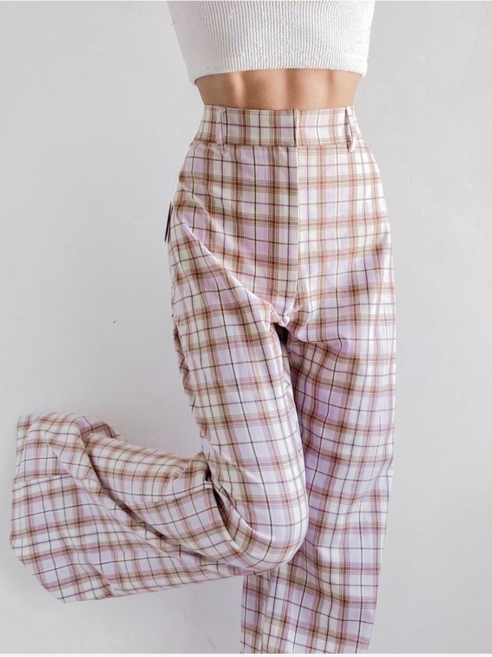 High-Waist Pink Plaid Wide-Leg Pants